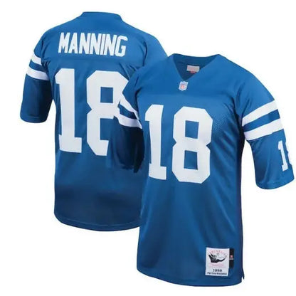Blue Peyton Manning Colts 1998 throwback jersey with white stripes and player name