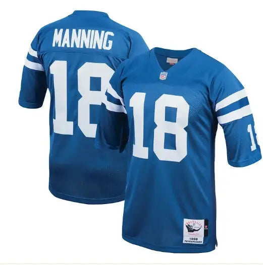 Blue Peyton Manning Indianapolis Colts #18 football jersey displayed in product listing