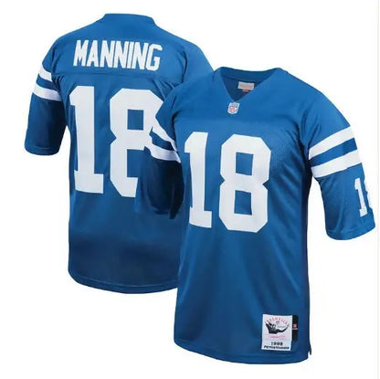 Blue Peyton Manning Indianapolis Colts #18 football jersey displayed in a royal throwback jersey