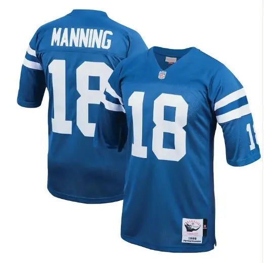 Blue Peyton Manning Indianapolis Colts #18 football jersey displayed in a royal throwback jersey