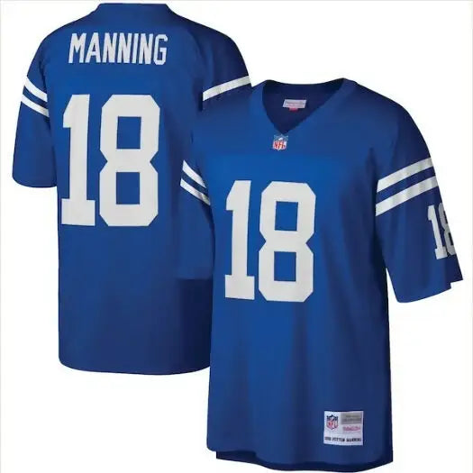 Two blue Indianapolis Colts Peyton Manning legacy replica jerseys with white numbers and names