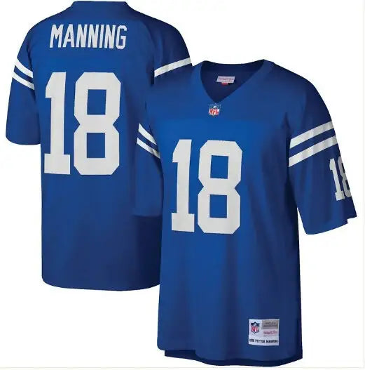 Two blue Indianapolis Colts Peyton Manning legacy replica jerseys with white numbers and names