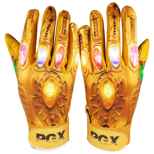 Pair of gold Infinity Gauntlet gloves as stylish power stones baseball batting gloves
