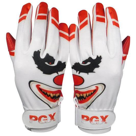PGX Crazy Clown baseball batting gloves with clown-themed football glove design