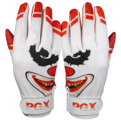 PGX Crazy Clown baseball batting gloves with clown-themed football gloves design
