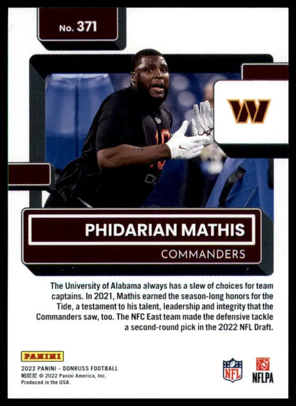 Football trading card of Phidarian Mathis Rookie 2022 Donruss Washington Commanders