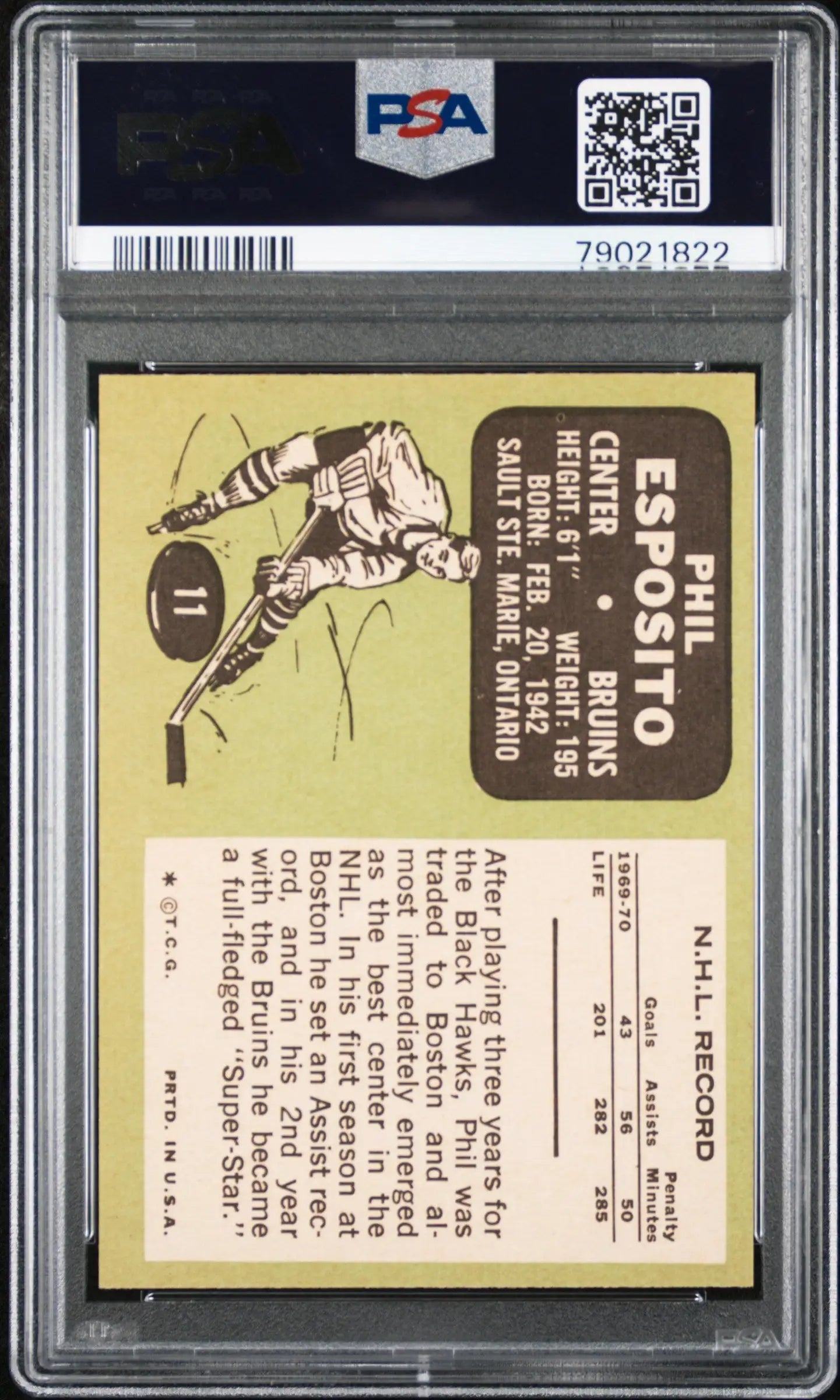 PSA 9 Mint Phil Esposito 1970 Topps #11 baseball card featuring player in batting stance