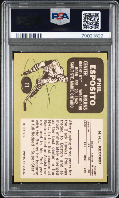 PSA 9 Mint Phil Esposito 1970 Topps #11 baseball card featuring player in batting stance