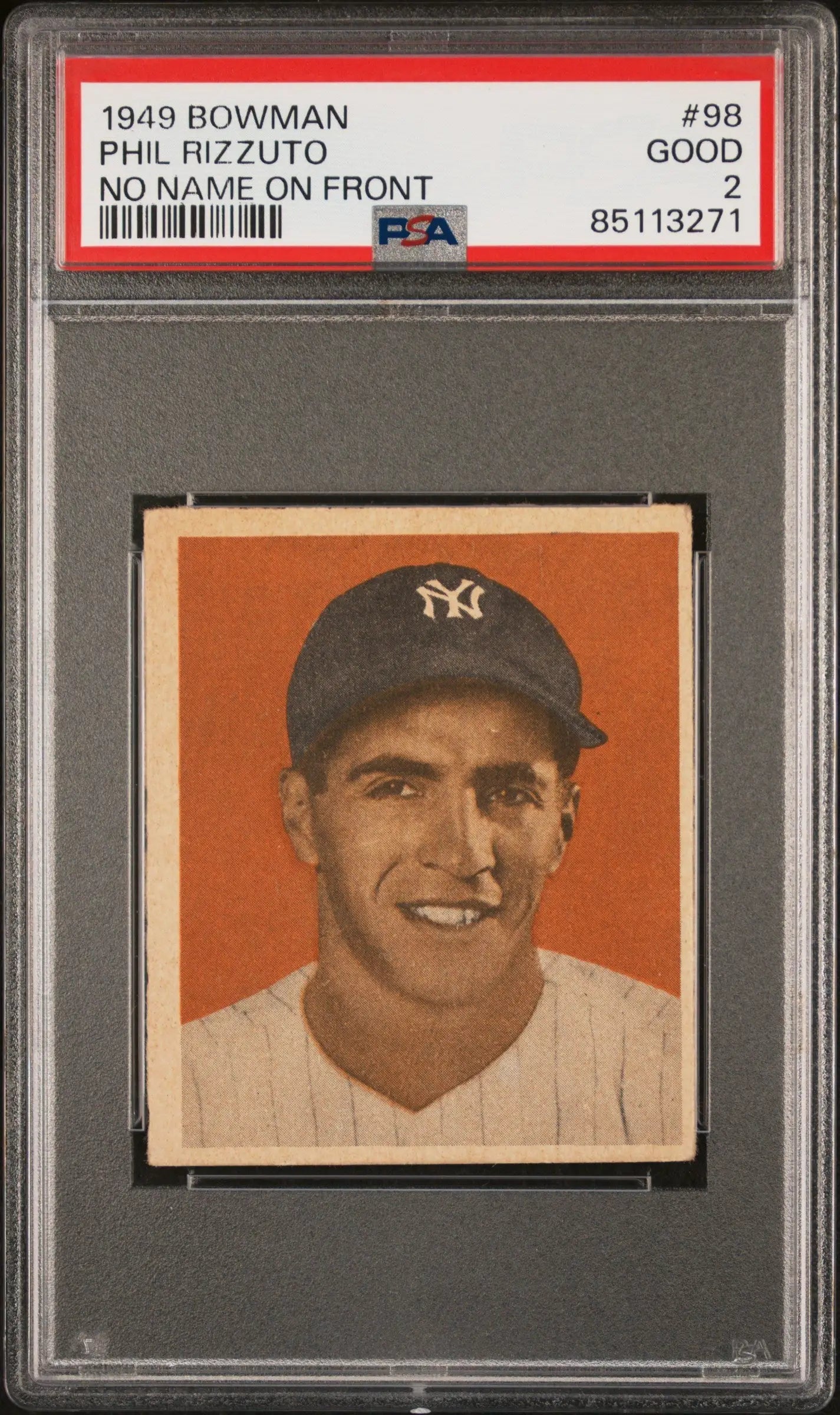PSA-graded Phil Rizzuto 1949 Bowman baseball card with dark cap and white uniform