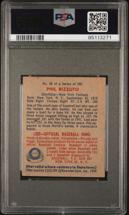 Phil Rizzuto 1949 Bowman #98 No Name on Front baseball card in PSA 2 holder
