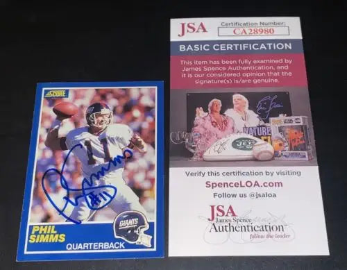 Signed Phil Simms Score football card with authentication for New York Giants fans