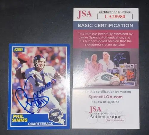 Phil Simms autographed 1989 Score football card with authentication from New York Giants