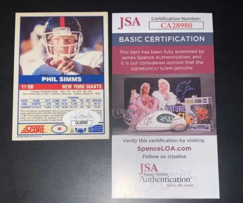 Phil Simms autographed 1989 Score football card with JSA certification for New York Giants
