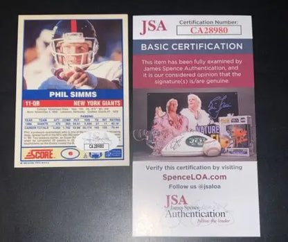 Phil Simms autographed 1989 Score football card with JSA certification for New York Giants
