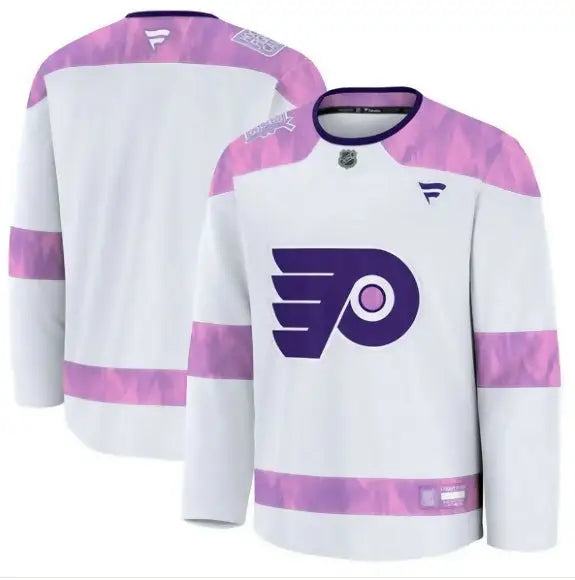 White Philadelphia Flyers 2024 Hockey Fights Cancer Practice Jersey with purple and pink accents