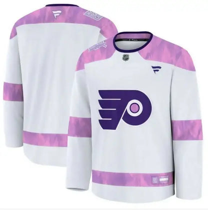 White Philadelphia Flyers 2024 Hockey Fights Cancer Practice Jersey with purple and pink accents