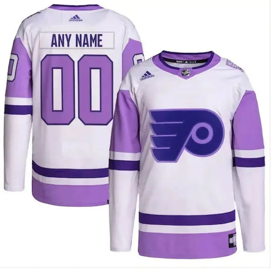 White and purple custom Philadelphia Flyers hockey jersey for Hockey Fights Cancer event