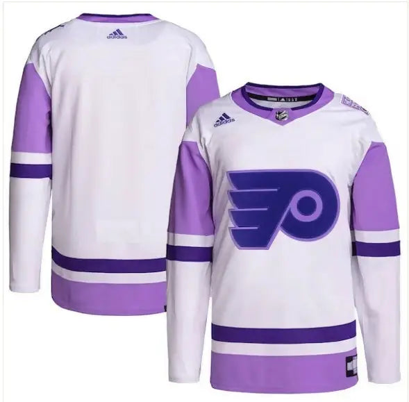 White and purple Philadelphia Flyers Hockey Fights Cancer practice jersey with large logo