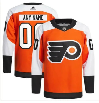 Customized Philadelphia Flyers orange, black, and white adidas Home Primegreen hockey jersey