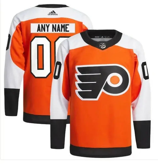 Customized Philadelphia Flyers orange, black, and white adidas Home Primegreen hockey jersey