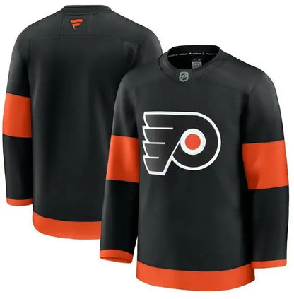 Black Philadelphia Flyers away premium hockey jersey with orange stripes and white P logo