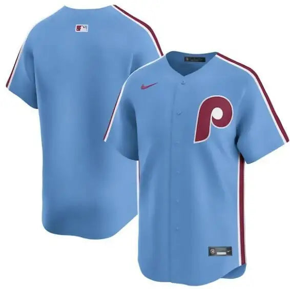 Philadelphia Phillies Nike Alternate Limited Light Blue Baseball Jersey on display
