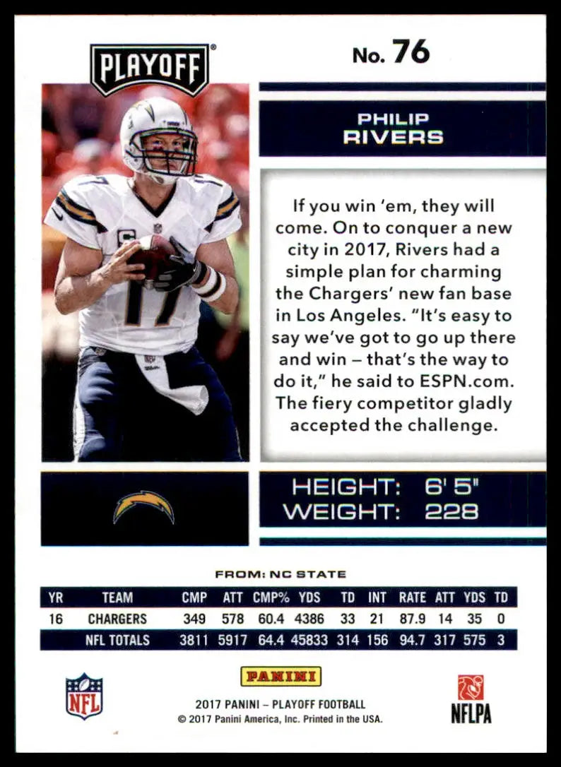 Philip Rivers football card from Panini Playoff 2017 Los Angeles Chargers collection