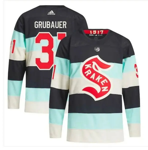 Seattle Kraken hockey jersey in black, light blue, white, and red accents for Philipp Grubauer