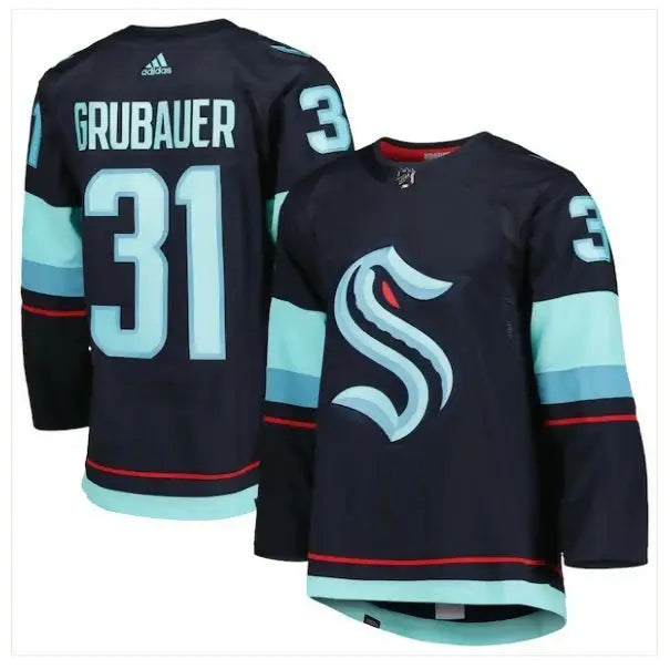 Black and teal Philipp Grubauer Seattle Kraken jersey with number 31 and S logo