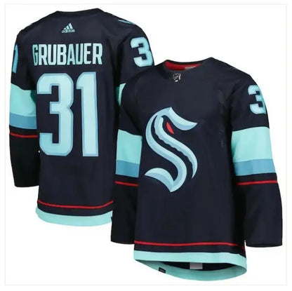 Black and teal Philipp Grubauer Seattle Kraken jersey with number 31 and S logo