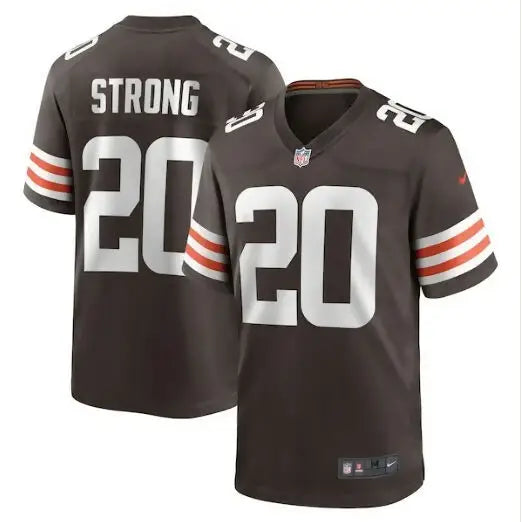 Dark brown Pierre Strong Jr Cleveland Browns Nike jersey with white number 20 and striped sleeves