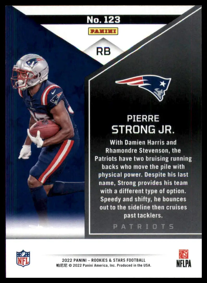 Football trading card of Pierre Strong Jr. from Panini Rookies 2022 Patriots series