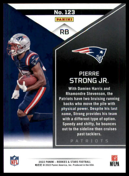 Football trading card of Pierre Strong Jr. from Panini Rookies 2022 Patriots series