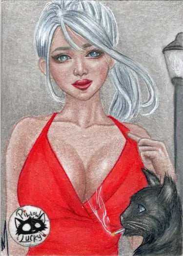 Portrait of a woman with silver hair in a red dress with a black cat on a sketch card