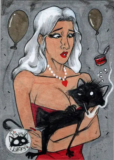 Cartoon-style sketch card of a woman with white hair and a black cat for trading cards