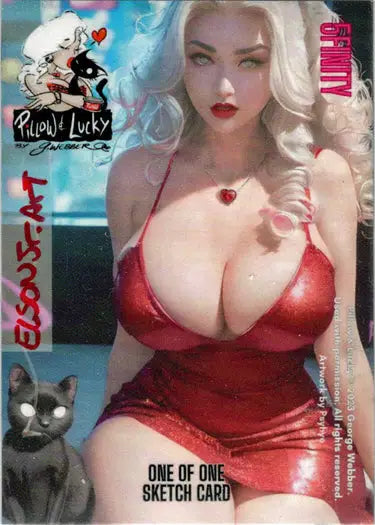 Platinum blonde woman in red outfit featured on Pillow & Lucky 5finity Sketch Card