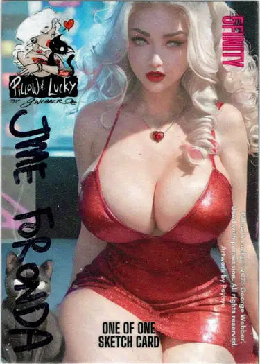 Woman with platinum blonde hair in red outfit for Jme Foronda Sketch Card trading card