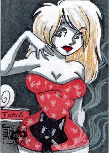 Stylized cartoon sketch card of a blonde woman in red dress with black cat by Jme Foronda