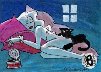 Reclining woman sleeps with a black cat near pet food dishes on Kelly Everaert sketch card
