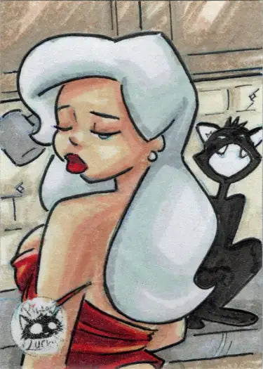 Stylized portrait of woman with white hair in red, featured in Paul Hill trading card