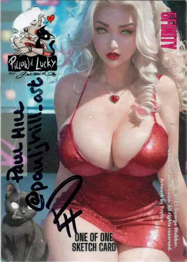 Blonde woman in red outfit showcasing Pillow & Lucky 5finity 2023 Sketch Card by Paul Hill