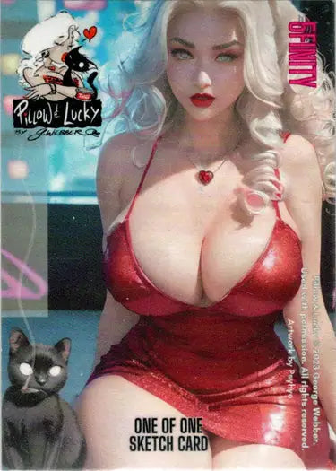 Woman with platinum blonde hair in red outfit for Pillow & Lucky Roe Mesquita sketch card