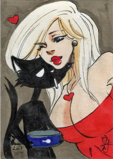 Stylized illustration of a blonde woman with red lips and a black cat on a sketch card