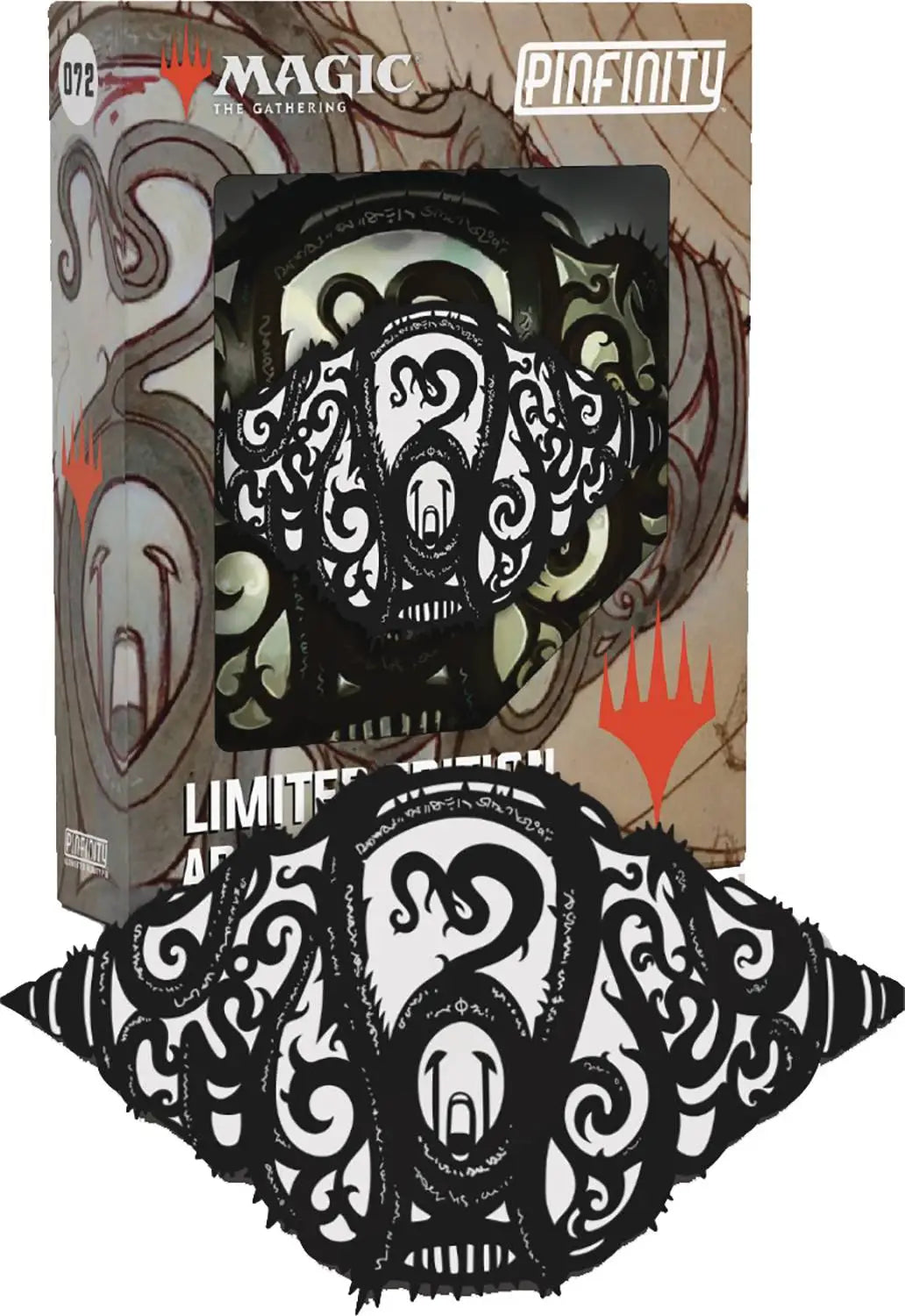 Black and white decorative mask design on the limited edition Mishra’s Bauble Pin