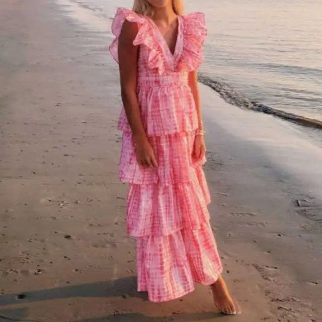 Pink plaid tiered maxi dress with deep V neckline long dress and ruffled sleeves