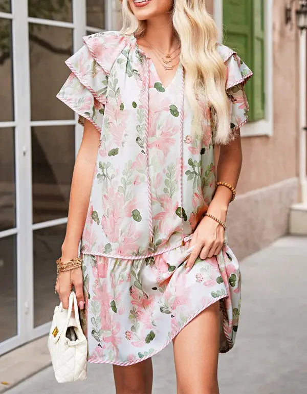 Pink floral tiered mini day dress with ruffle sleeves and V-neckline for summer style