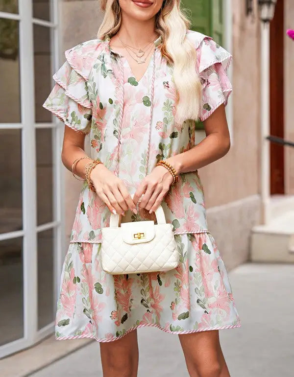 Pink floral tiered mini day dress with ruffled shoulders and V-neck ties
