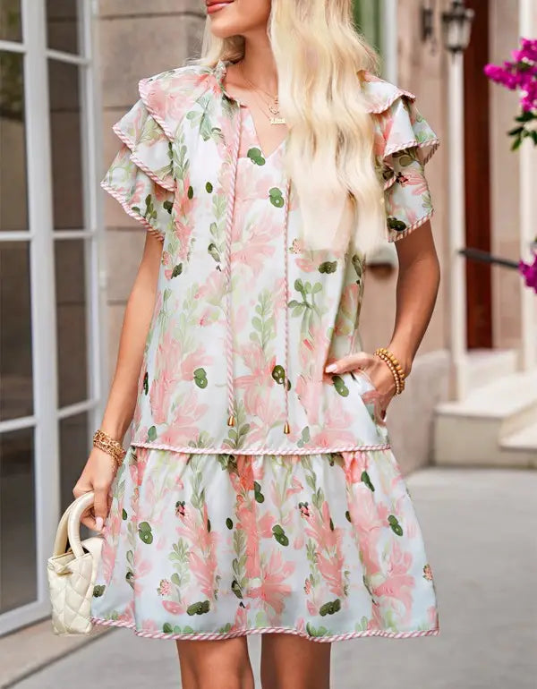 Pink floral tiered mini day dress with ruffled flutter sleeves and drawstring tie