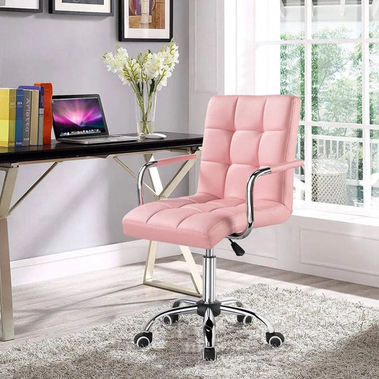 Pink Modern Faux Leather Mid-Back Swivel Office Chair with Armrests and Wheels - Office Chair