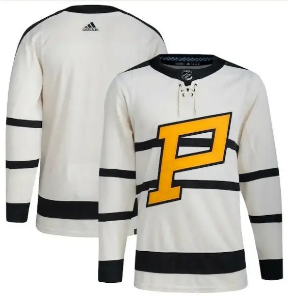 Off-white Pittsburgh Penguins 2023 Winter Classic blank hockey jersey with black and gold accents